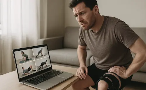 Man sitting on sofa wearing knee brace and watching online workout videos on laptop placed on a table.