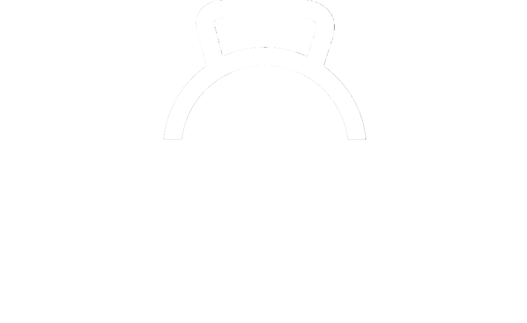 Weißes Symbol einer Kettlebell mit einer Herzfrequenzkurve in der Mitte auf transparentem Hintergrund.