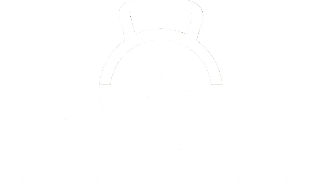 Logo mit einer Kettlebell, die mit einer Langhantel verschmolzen ist, und einer Herzfrequenzkurve in der Mitte.
