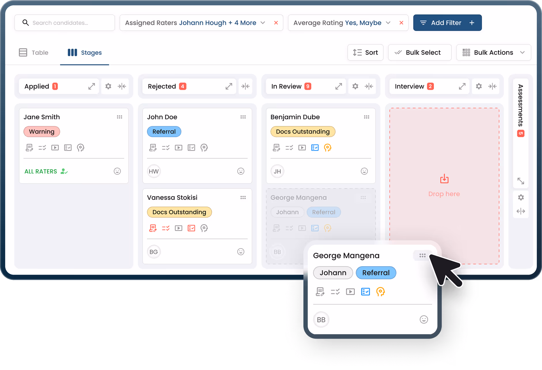 Wamly allows you to set up custom stages to match your recruitment flow - from ‘Applied’ to ‘Hired.’ Move candidates with drag-and-drop simplicity and trigger automations like rejection emails, scoring requests or assessment invites.
