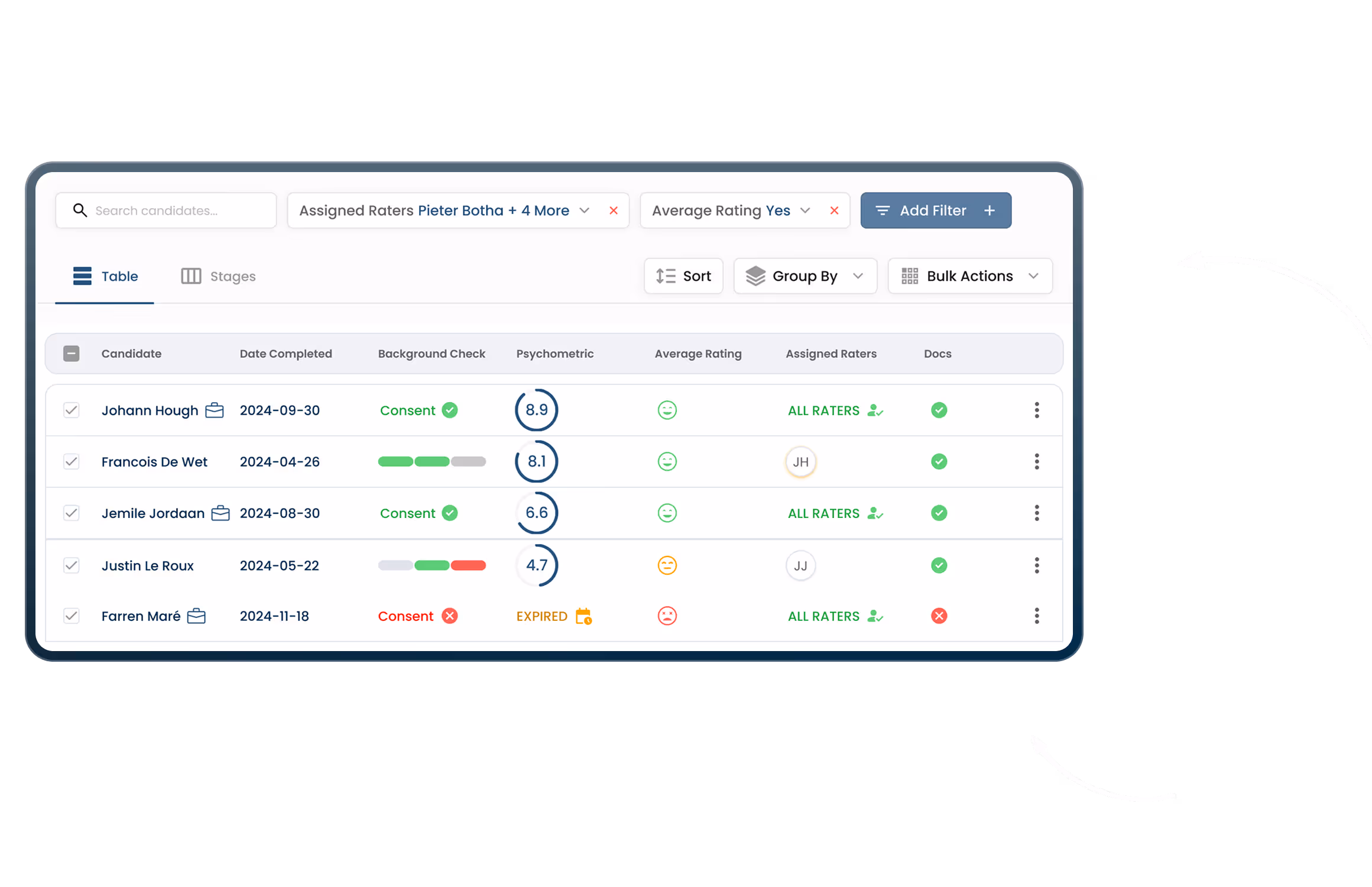 Throughout the process, your team (and the system) scores candidates - from applications and skills tests to interviews and assessments. Wamly compiles these into a clear, dynamic ranking so you can confidently move forward with the best-fit candidates.
