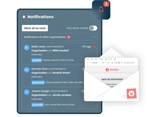 Wamly centralises all hiring conversations - from panel collaboration to candidate messaging. Mention teammates, share feedback and coordinate decisions without leaving the platform. Need to reach a candidate? Mail, chat directly, or integrate with WhatsApp for fast outreach.