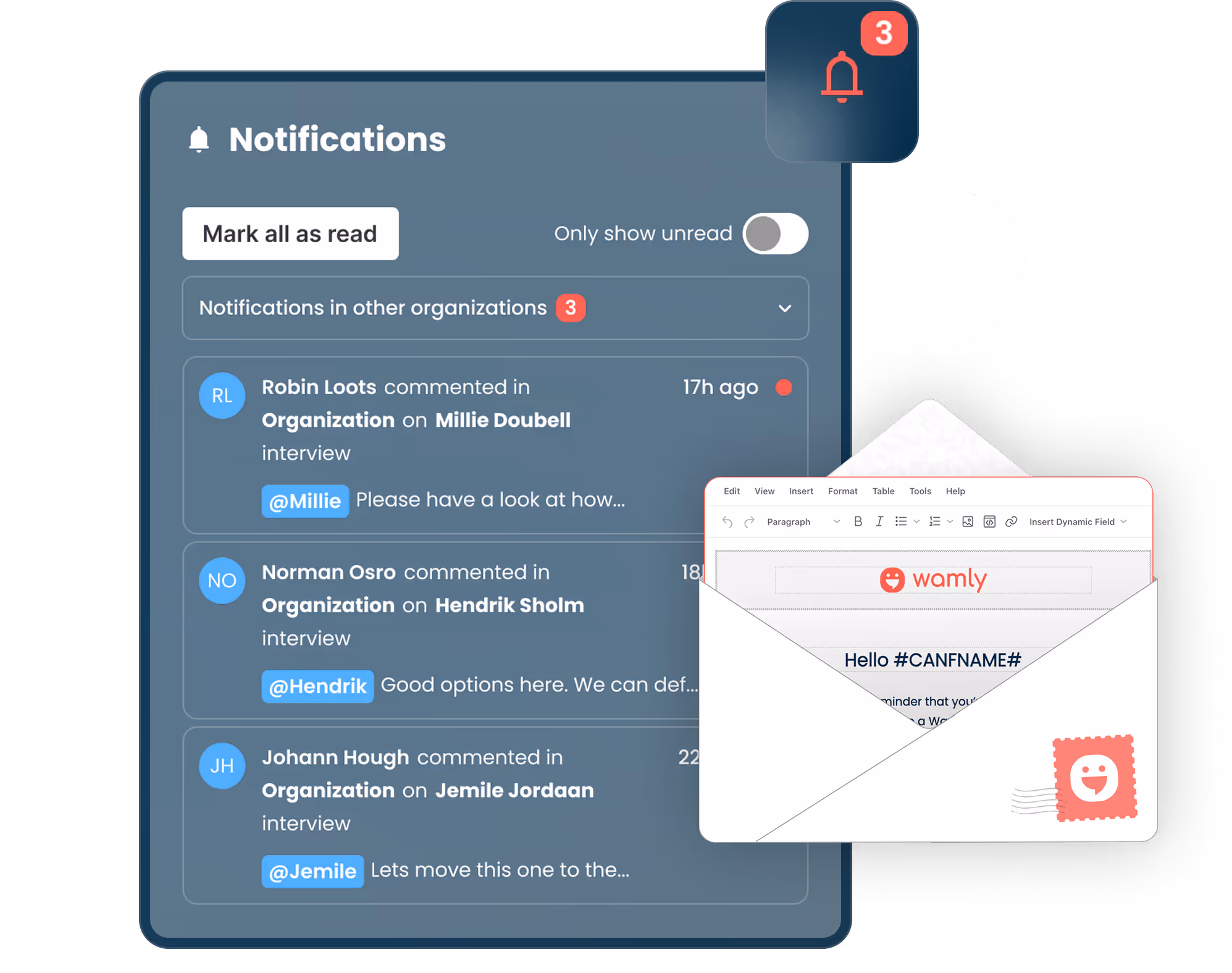 Wamly centralises all hiring conversations - from panel collaboration to candidate messaging. Mention teammates, share feedback and coordinate decisions without leaving the platform. Need to reach a candidate? Mail, chat directly, or integrate with WhatsApp for fast outreach.