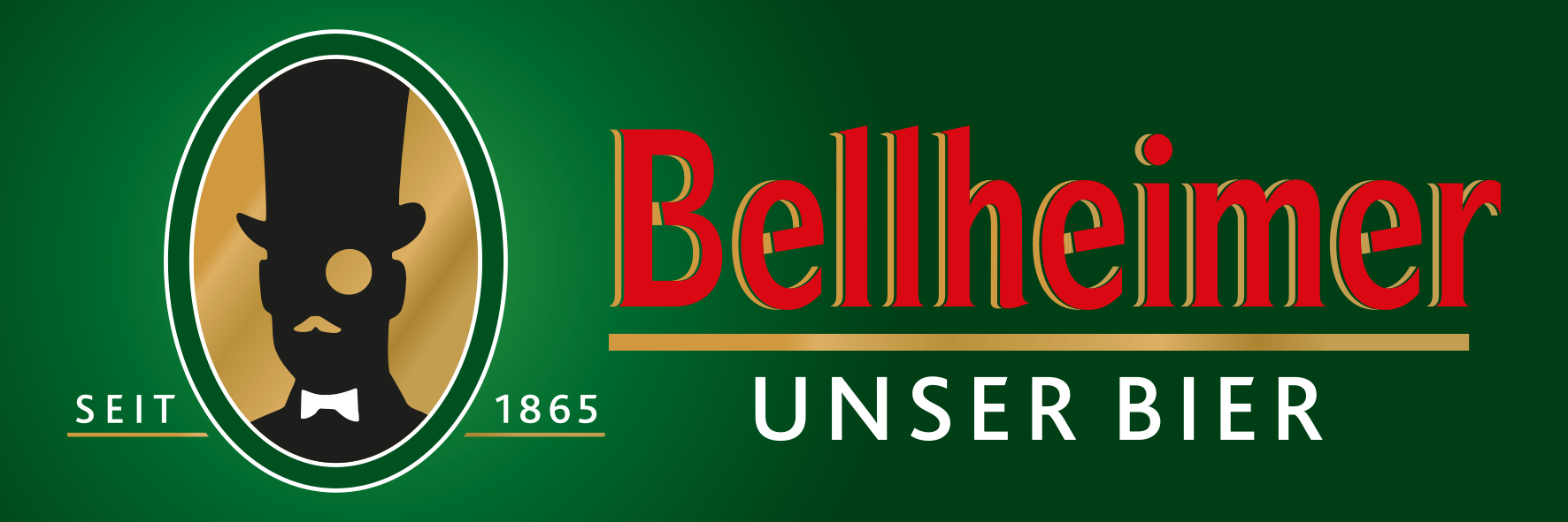 Bellheimer-Logo mit Kopf im Zylinder und Text seit 1865 unser Bier auf grünem Hintergrund.
