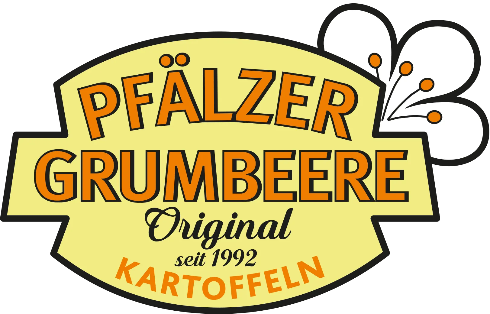 Logo mit Schrift 'Pfälzer Grumbeere Original seit 1992 Kartoffeln' und einer stilisierten Blüte.