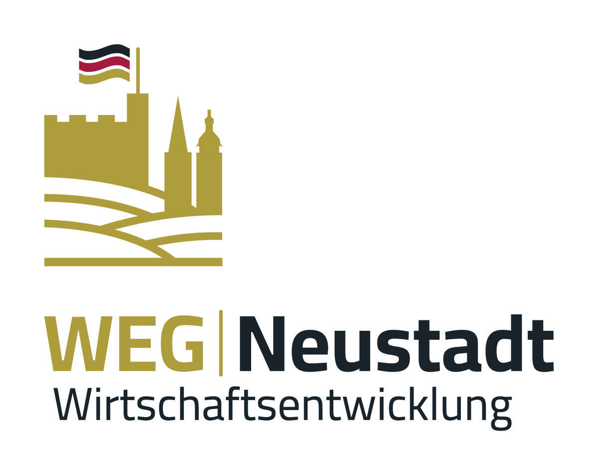 Logo von WEG Neustadt mit stilisierter Burg, Kirchturm und Flagge in Gold und Schwarz