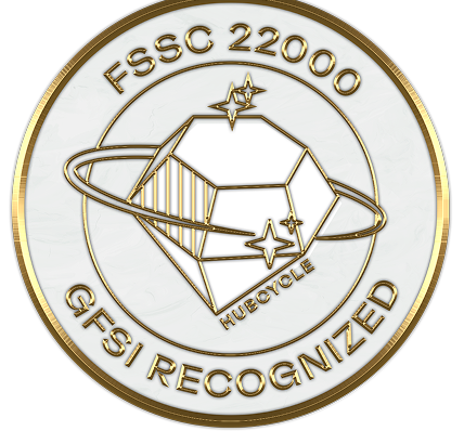Circular gold and white emblem with text "FSSC 22000 GFSi RECOGNIZED" surrounding a geometric cube with rings and star shapes, and the word "HUBCYCLE" beneath the cube.