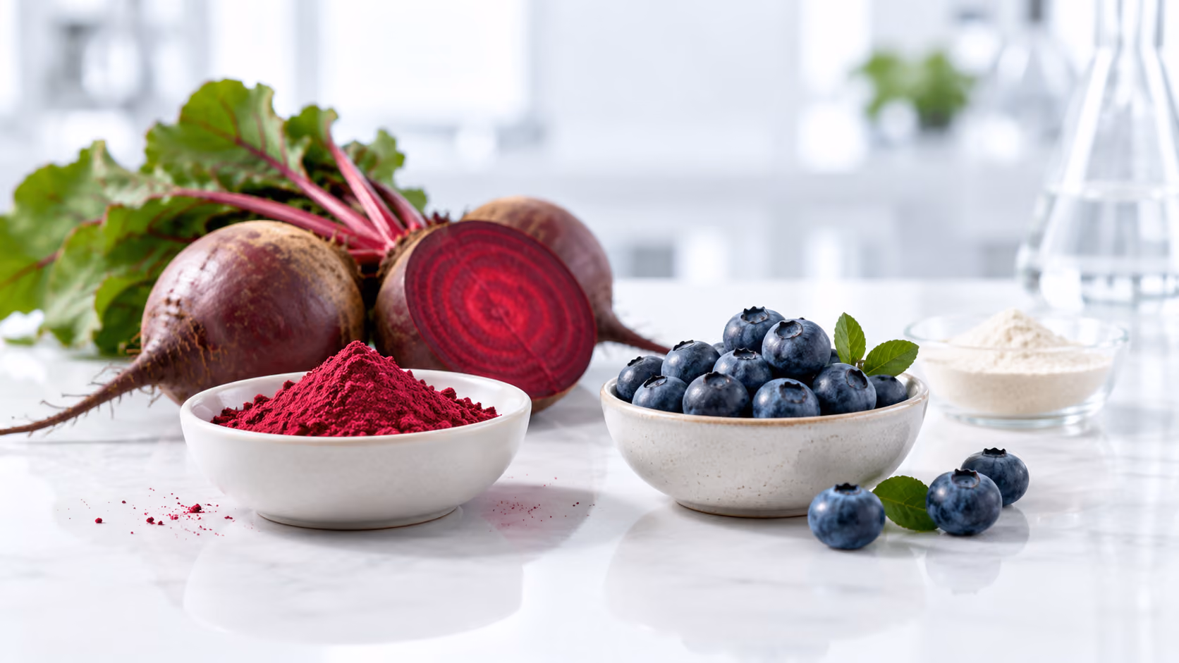 Beetroot and blueberry with a coral wireframe illustrating functional ingredients for GLP-1 reformulation