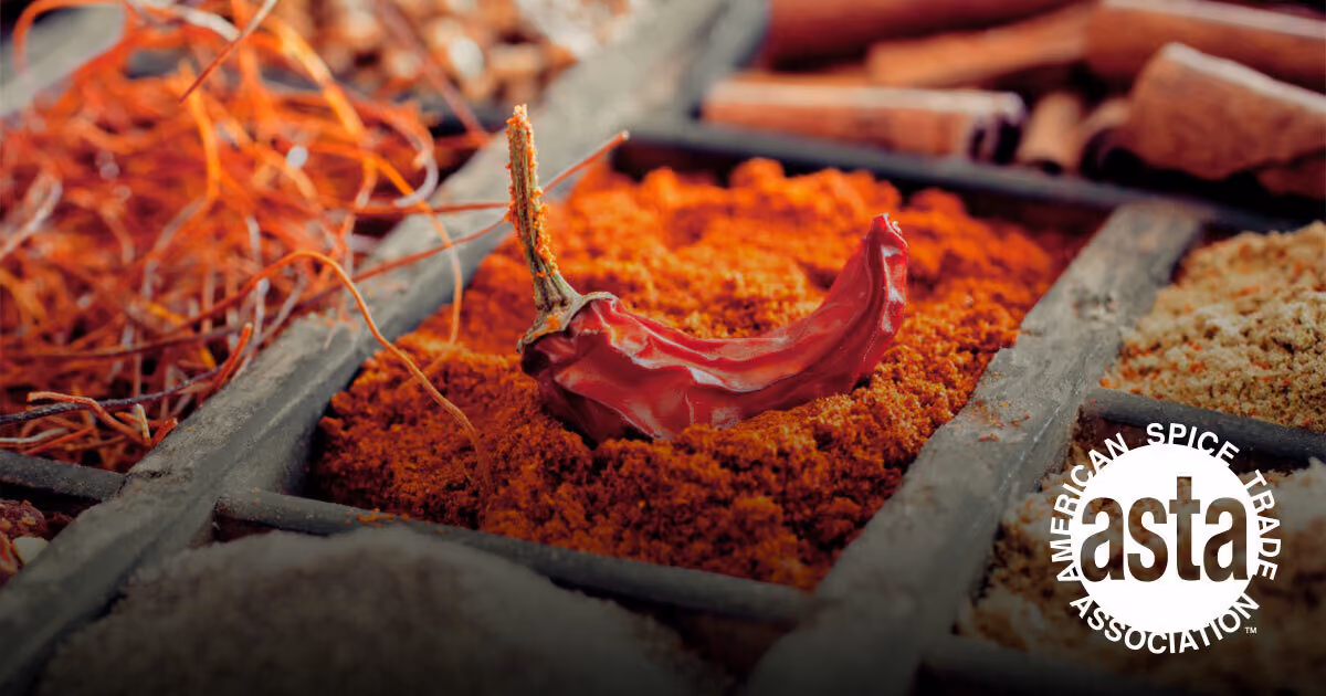 Dried chili and peppercorn with a coral wireframe illustrating spice supply chain resilience after ASTA 2026