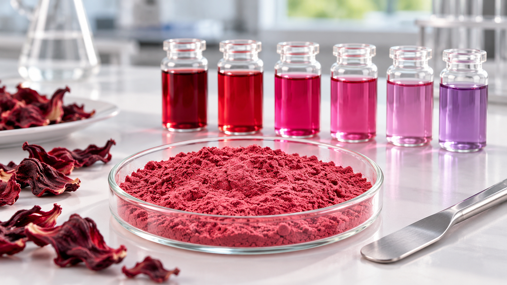 deep crimson hibiscus powder in modern laboratory