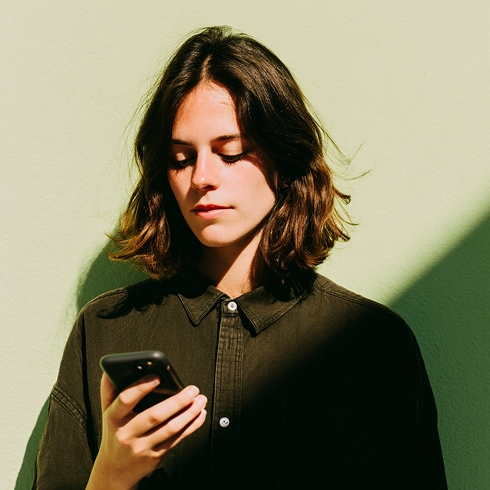 Een vrouw met bruin haar kijkt op haar gsm