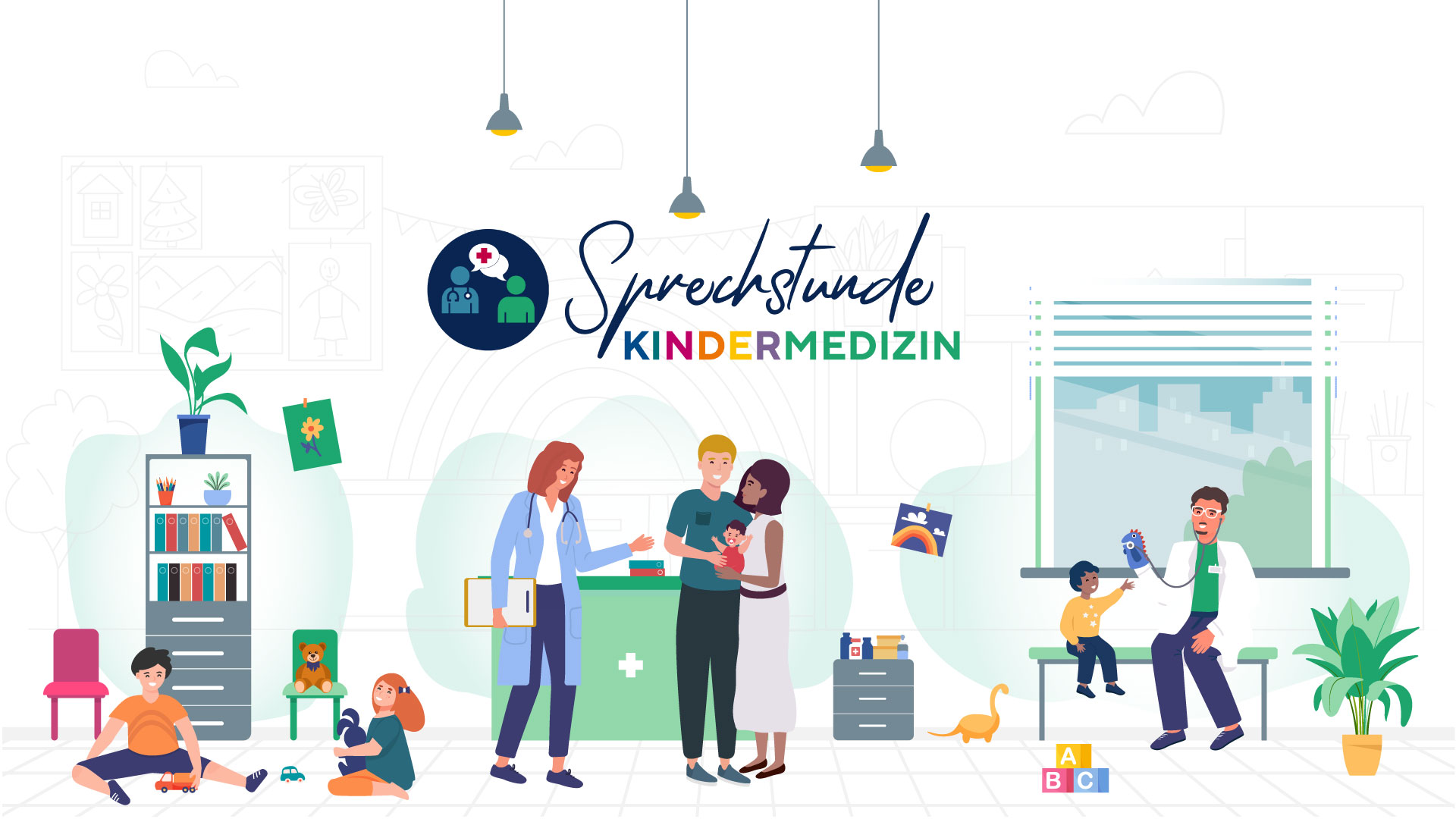 Colorful and bright flat-design illustration showing scenes at a paediatrician's office. Happy children playing on the ground, one doctor talking to a family and another doctor playfully interacting with a child.