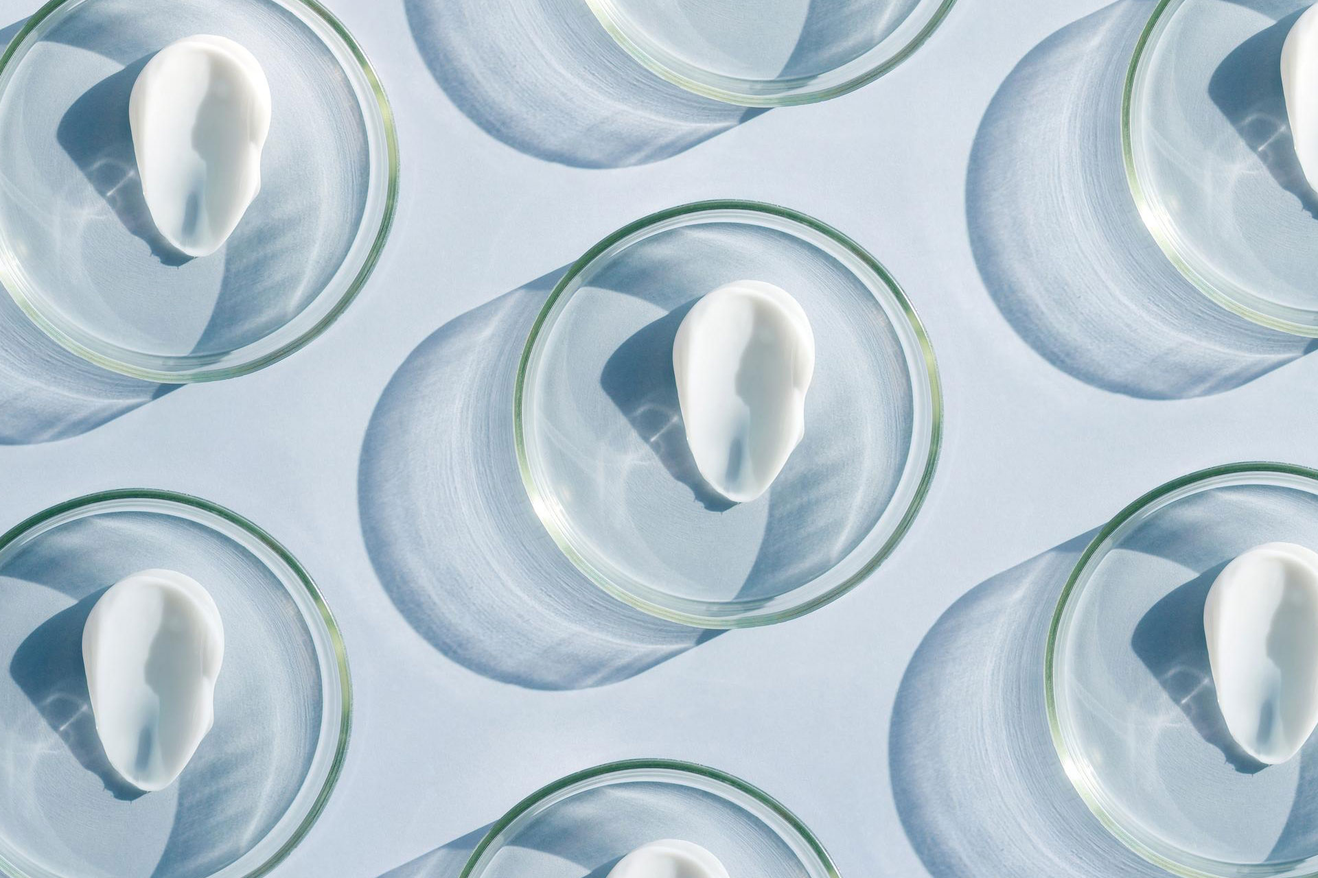Overhead view of white cream swatches placed in glass petri dishes, with soft shadows on a light background, illustrating a calming skincare texture