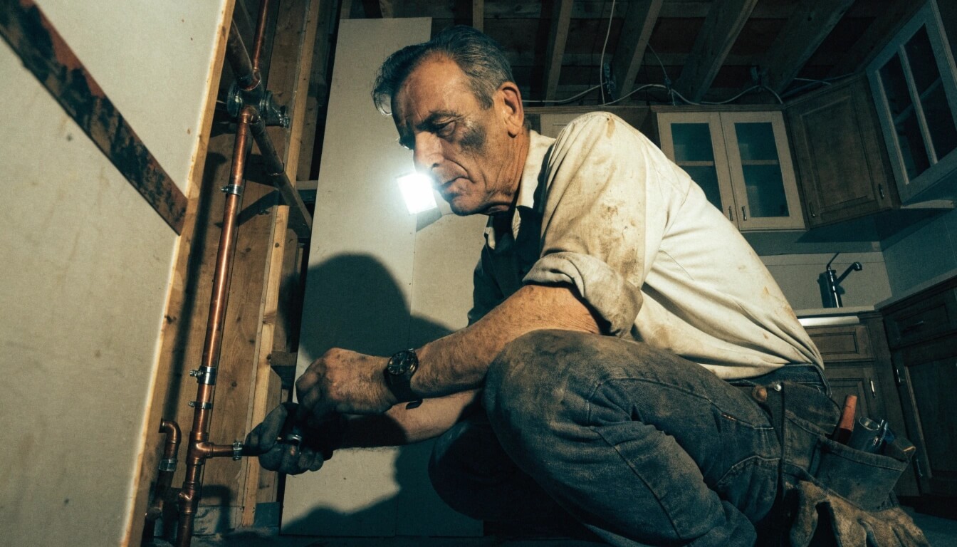 Carpenter working inside a building, writing on a notebook with a pen, while kneeling next to a laptop.