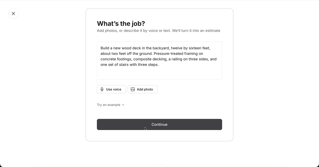 Tofu turning a job description into a priced AI estimate draft