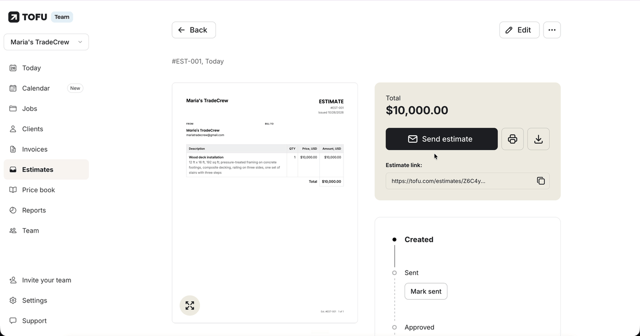 Sending an AI-drafted estimate to a client by email from Tofu