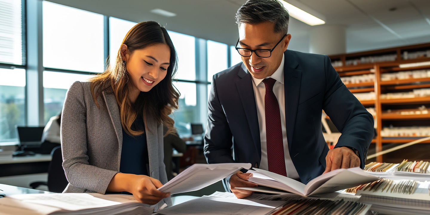 Two people smiling whilst working. 