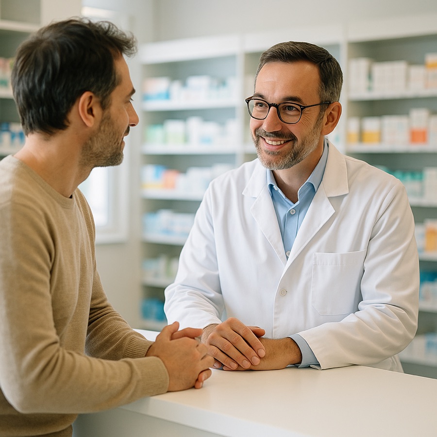 Un patient échange avec son pharmacien au comptoir d'une pharmacie
