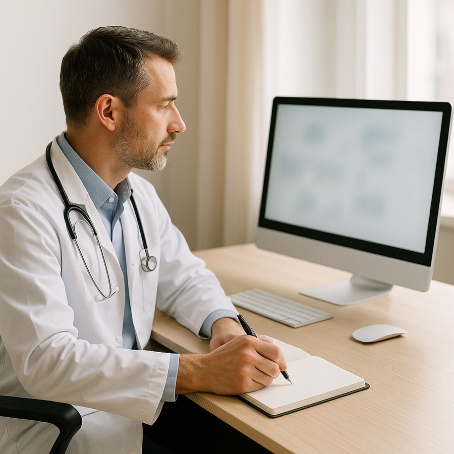 Un médecin examine des images sur son écran et rédige un compte rendu