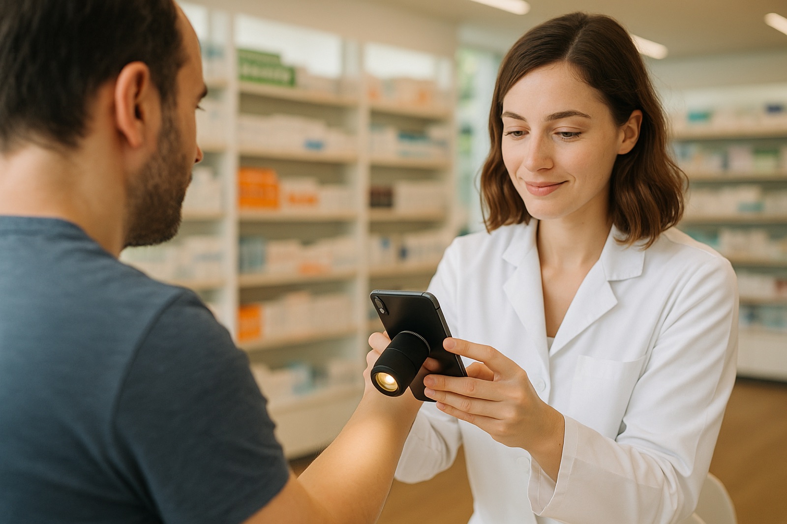 Une pharmacienne approche de l'avant-bras d'un patient un dermatoscope clipsé sur son smartphone, en officine
