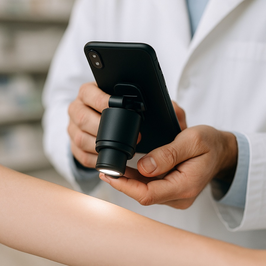 Gros plan sur un dermatoscope clipsé sur un smartphone, posé sur l'avant-bras d'un patient