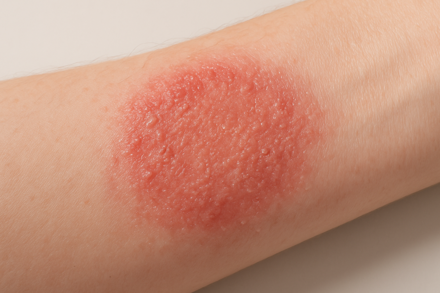Plaque d'eczéma en phase aiguë sur l'avant-bras d'un adulte
