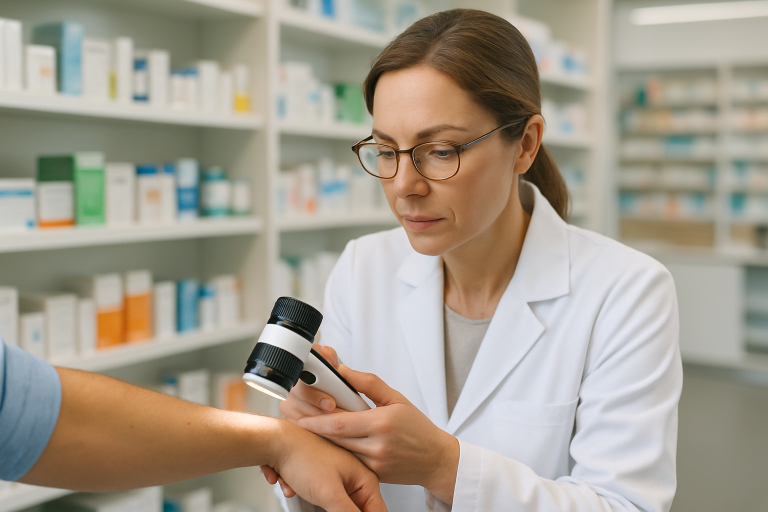 Pharmacien scannant une lésion avec un dermatoscope Pictaderm