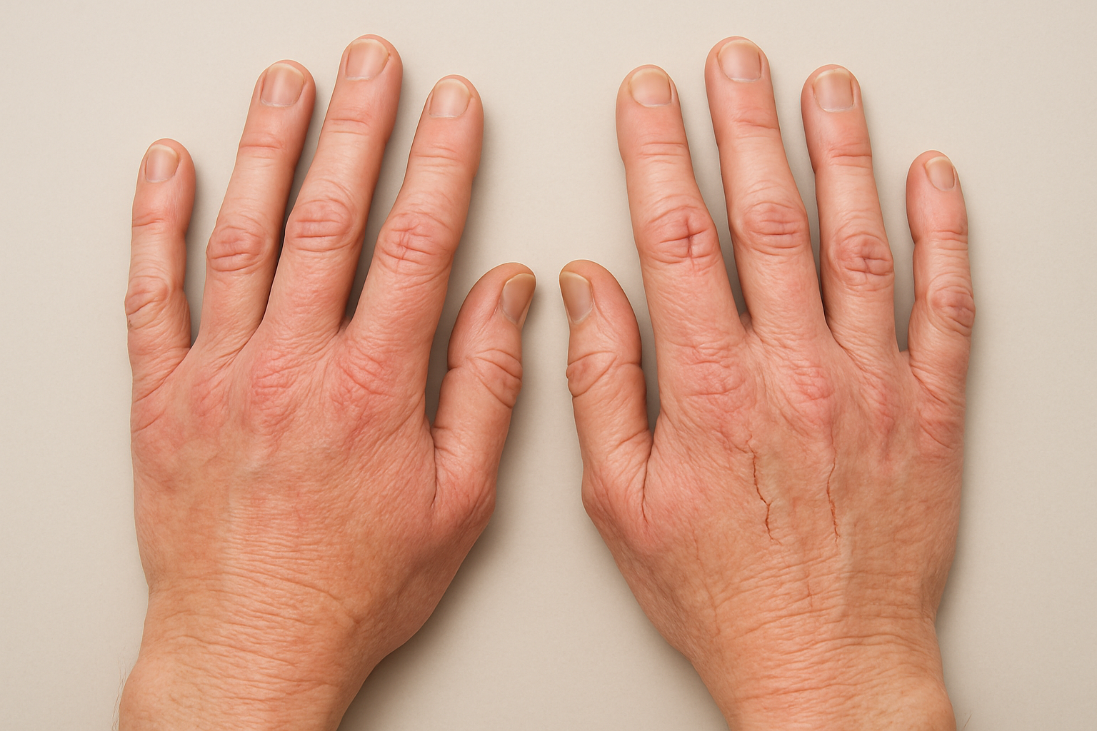 Mains adultes avec eczéma chronique et fissures sur les doigts