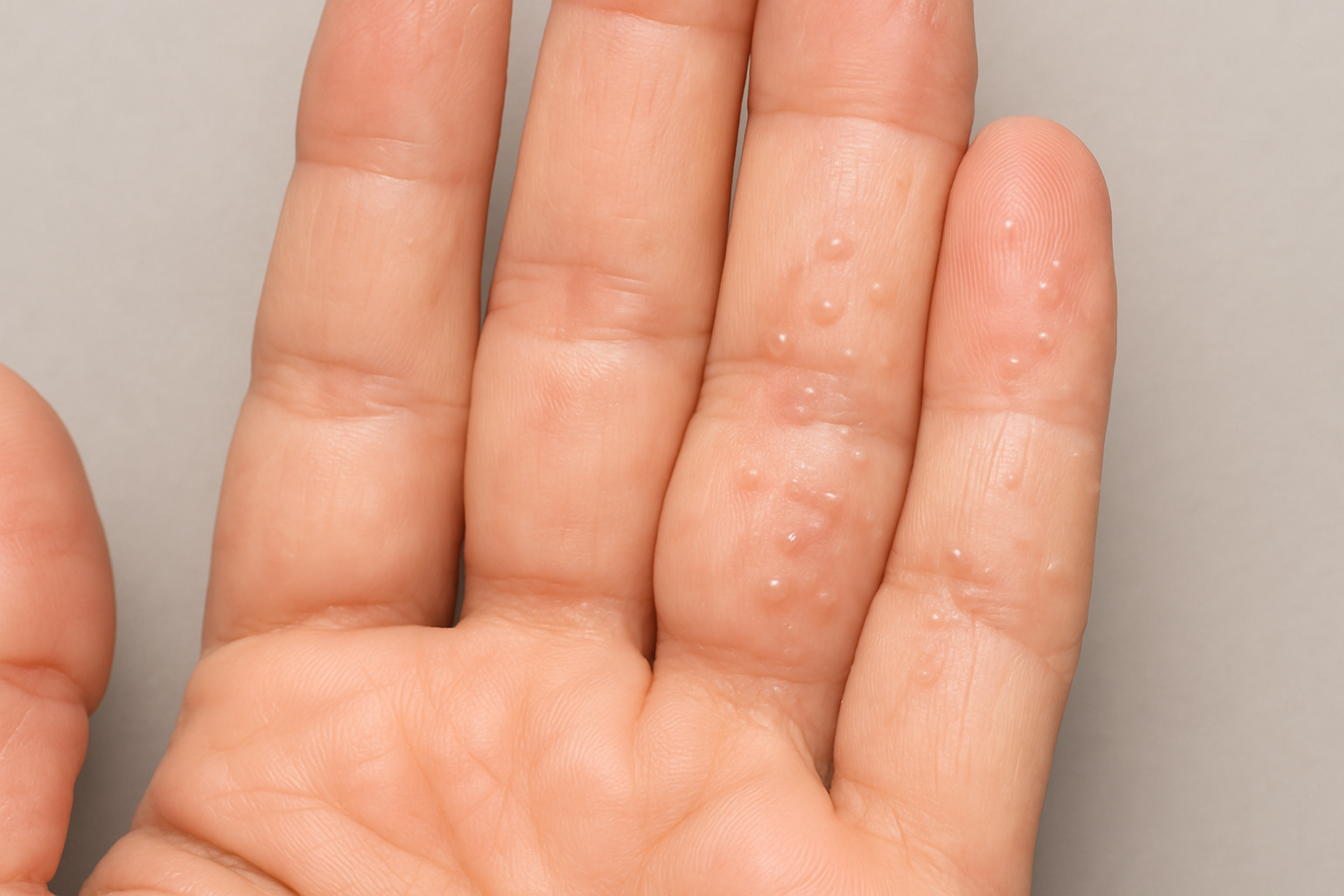 Vésicules d'eczéma dyshidrosique sur les côtés des doigts