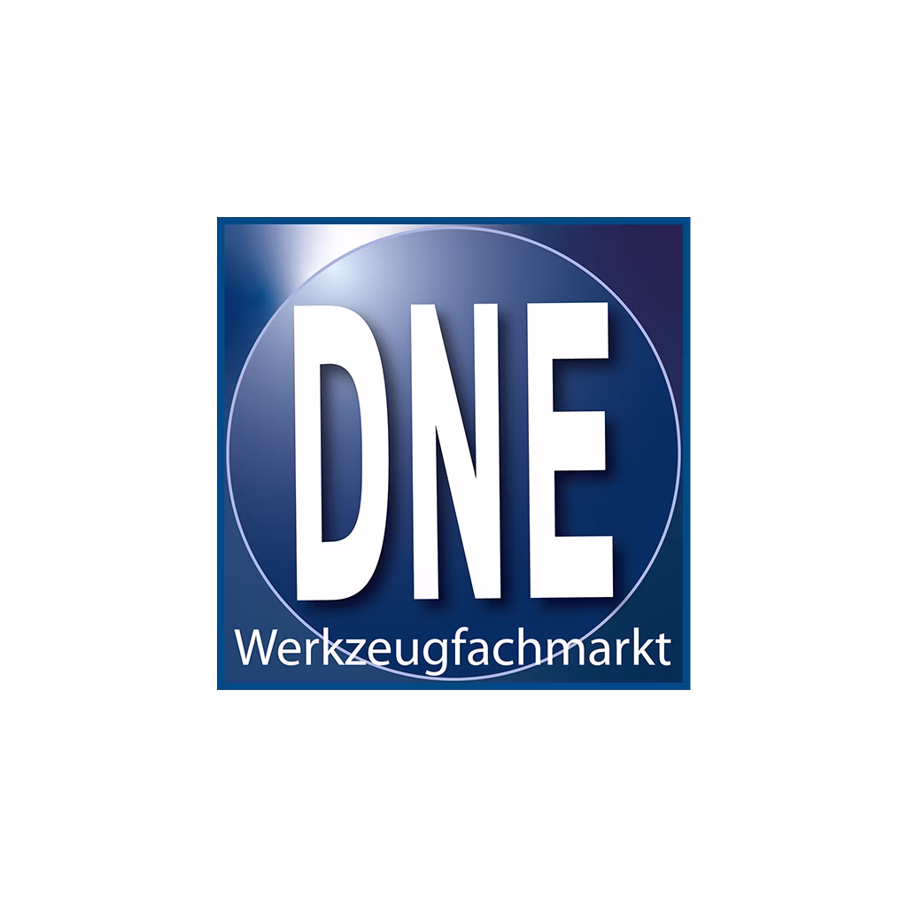 Blaues Quadrat mit weißem Schriftzug DNE und dem Wort Werkzeugfachmarkt darunter.