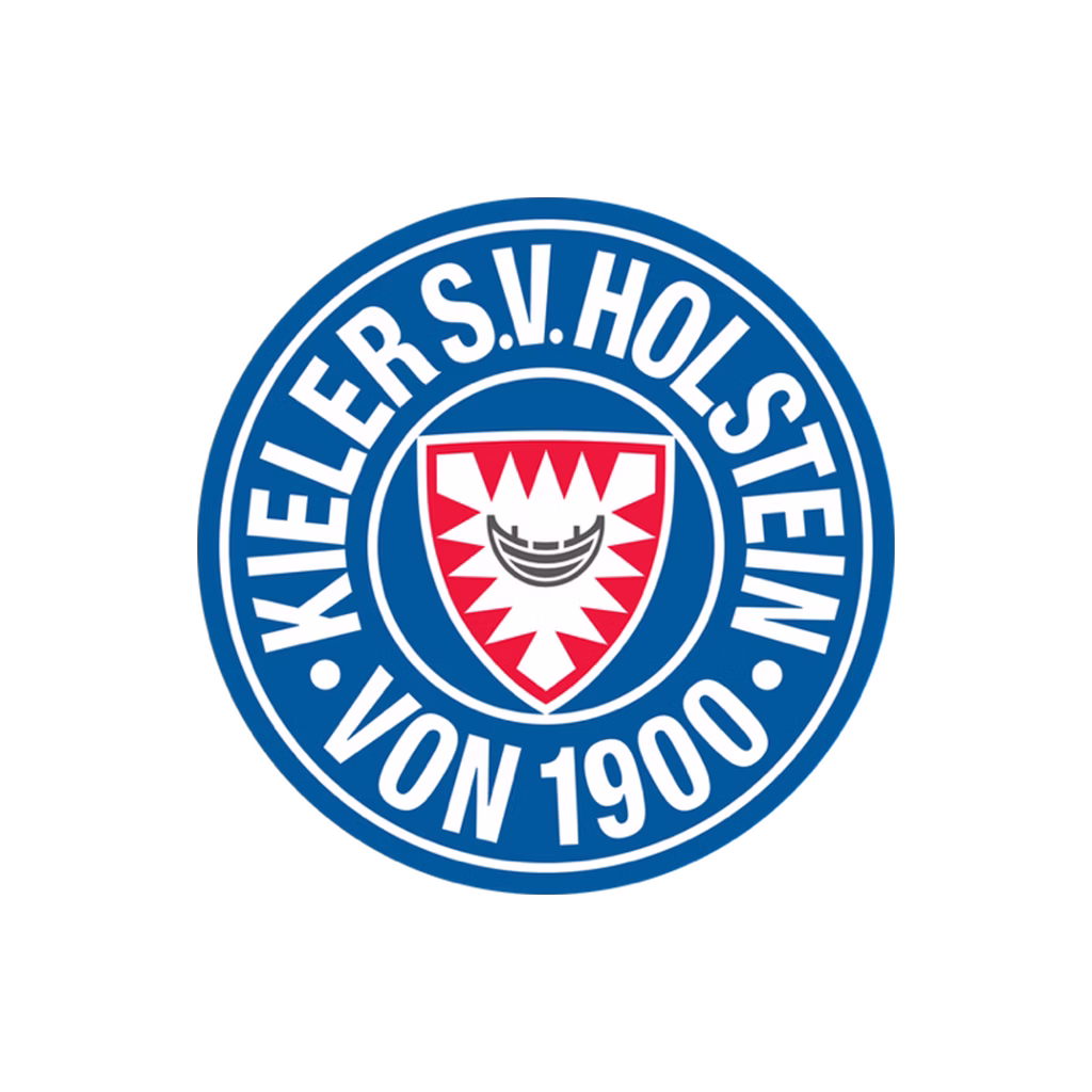 Rundes blaues Logo mit Schrift Kieler S.V. Holstein von 1900 und einem roten Wappen in der Mitte.
