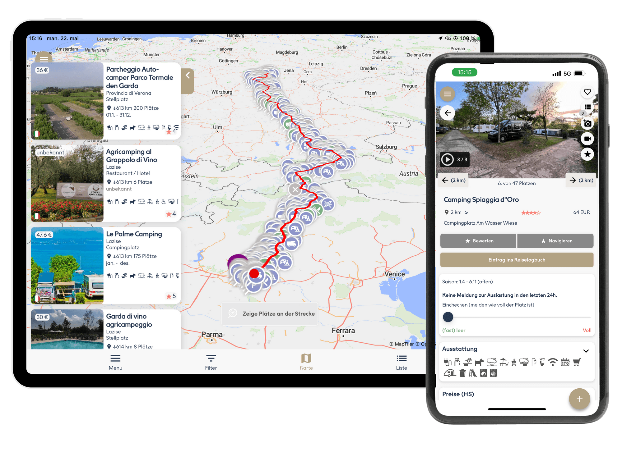 Screenshot der Campingapp auf einem Tablet und Smartphone