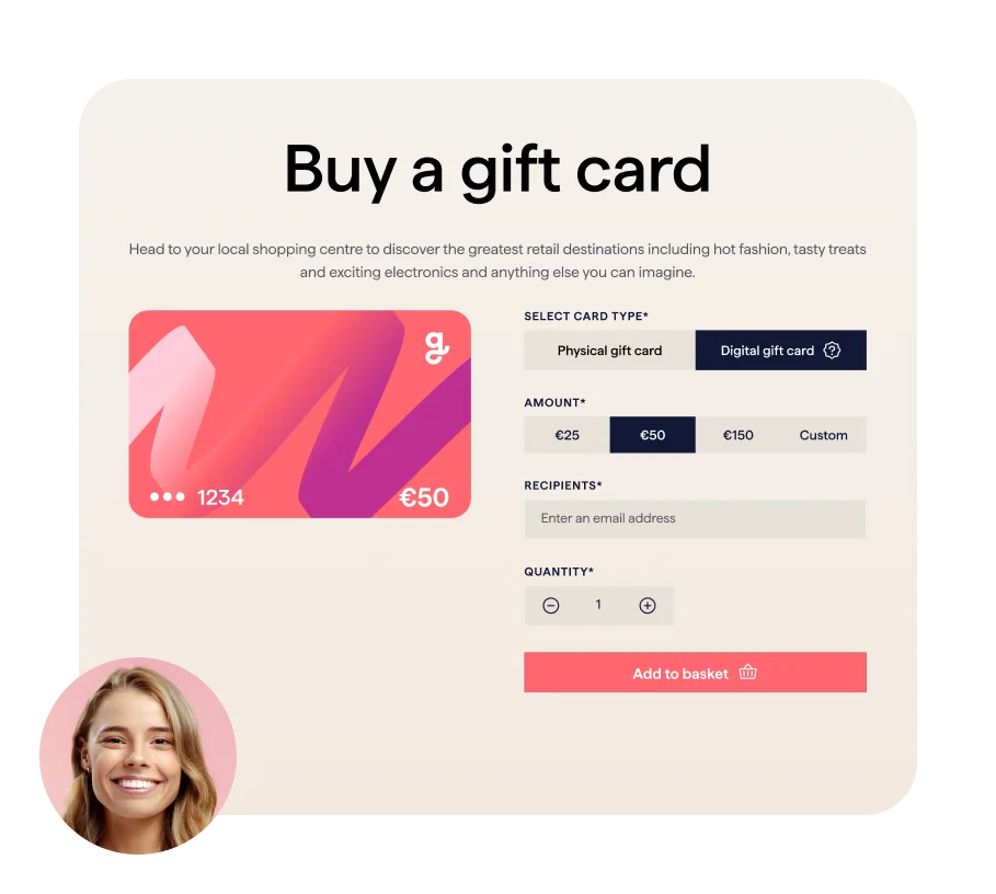 A screenshot of a Giftify website page for purchasing a gift card. The page shows a vibrant gift card design and options to select the card type, amount, recipient, and quantity, with a smiling woman's profile picture in the bottom left corner.