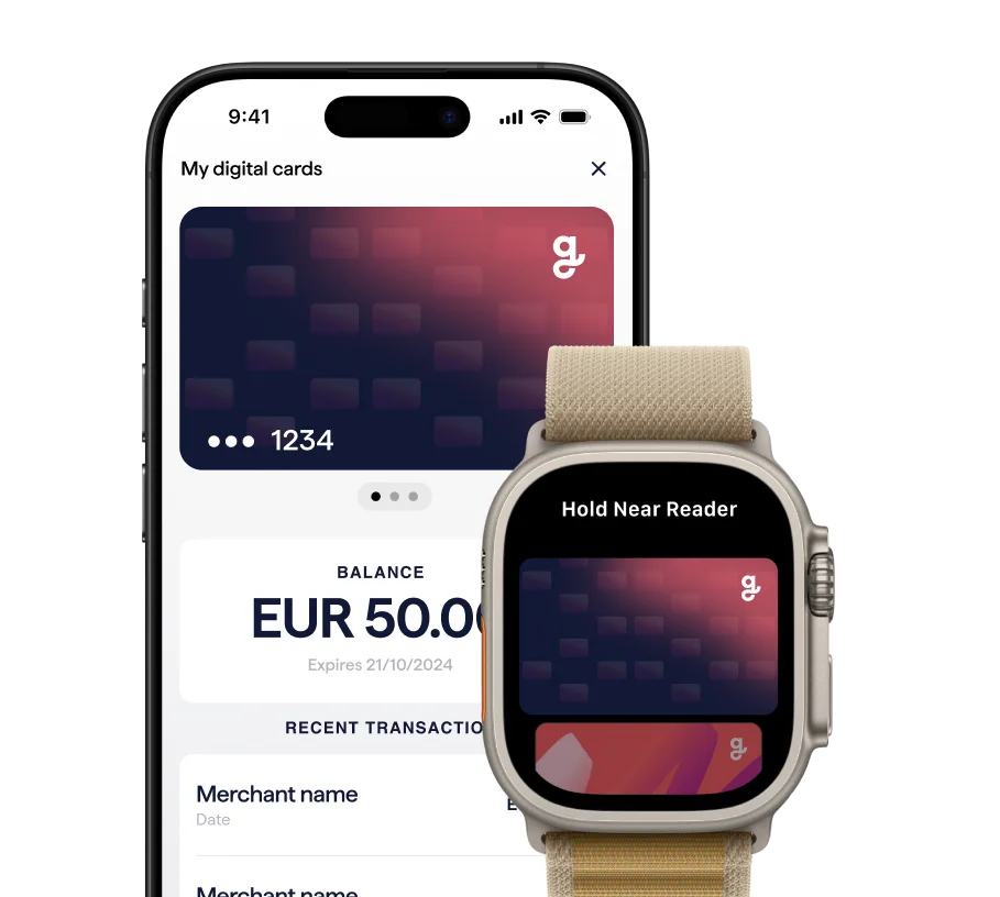 A digital gift card from Giftify displayed on a smartphone and an Apple Watch, demonstrating the convenience of using the card for contactless payments. The card has a purple and pink gradient design and shows a balance of "EUR 50.00."