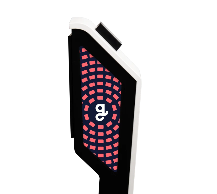 A sleek, modern kiosk with a pink and black geometric pattern, featuring the Giftify logo in the center.