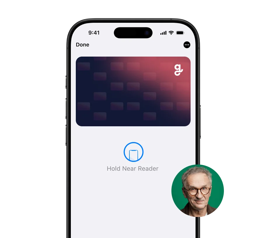 A Giftify digital gift card on a smartphone screen, ready for contactless payment. The screen shows the card with a purple and pink gradient design and the instruction, "Hold Near Reader." A small circular profile picture of a man is in the bottom right corner.