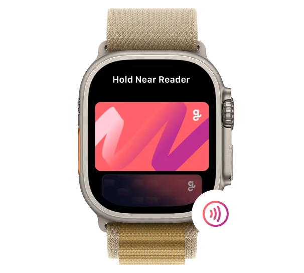 A digital gift card from Giftify displayed on a smartwatch, ready for contactless payment. The watch screen shows two card options and the text "Hold Near Reader." A contactless payment icon is in the bottom right corner.