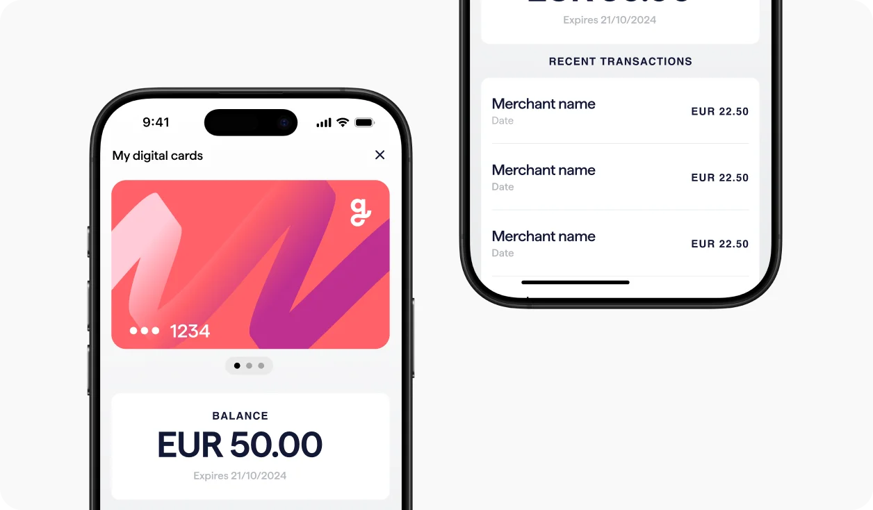 A screen capture of the Giftify app, showing a digital gift card with a €50.00 balance on the main screen and a list of three recent transactions of €22.50 each on a second screen.