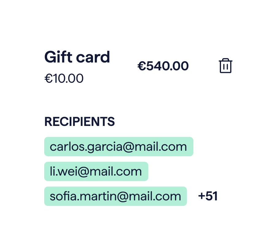 A digital user interface card from Giftify showing a gift card purchase for €10.00, with a total of €540.00, likely for multiple recipients. The recipients listed are "carlos.garcia@mail.com," "li.wei@mail.com," and "sofia.martin@mail.com," with a note of "+51" additional recipients.