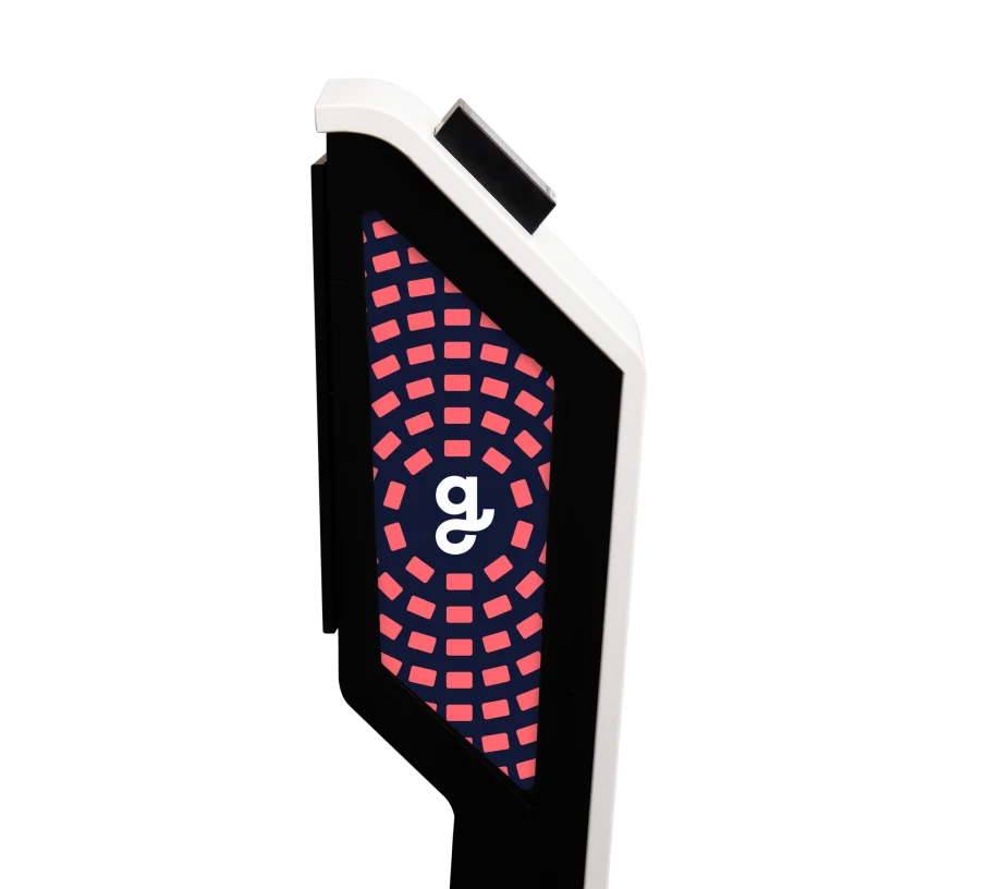 A sleek, modern kiosk with a pink and black geometric pattern, featuring the Giftify logo in the center.