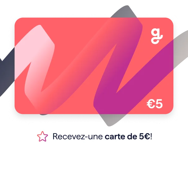 A stylized Giftify gift card with a vibrant red and pink color scheme and a bold, wavy design. The card is valued at €5, and the image includes a promotional message below it that says, "Sign up for a €5 gift card!"