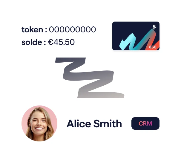 Two stacked UI cards: the top card displays "token: 000000000" and "balance: €45.50" beside a small stylized €50 card illustration; the bottom card shows a circular photo of a smiling woman, the bold name "Alice Smith", and a dark rounded "CRM" badge.