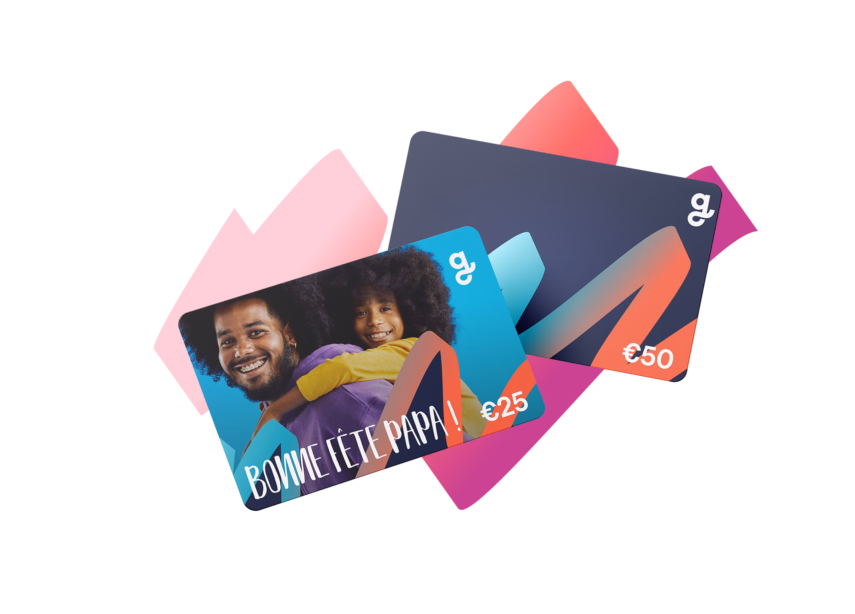 Deux cartes-cadeaux Giftify présentées : une carte de 25 € pour la fête des pères avec l’image d’un père et de son enfant, et une carte de 50 € au design sombre avec des formes colorées.