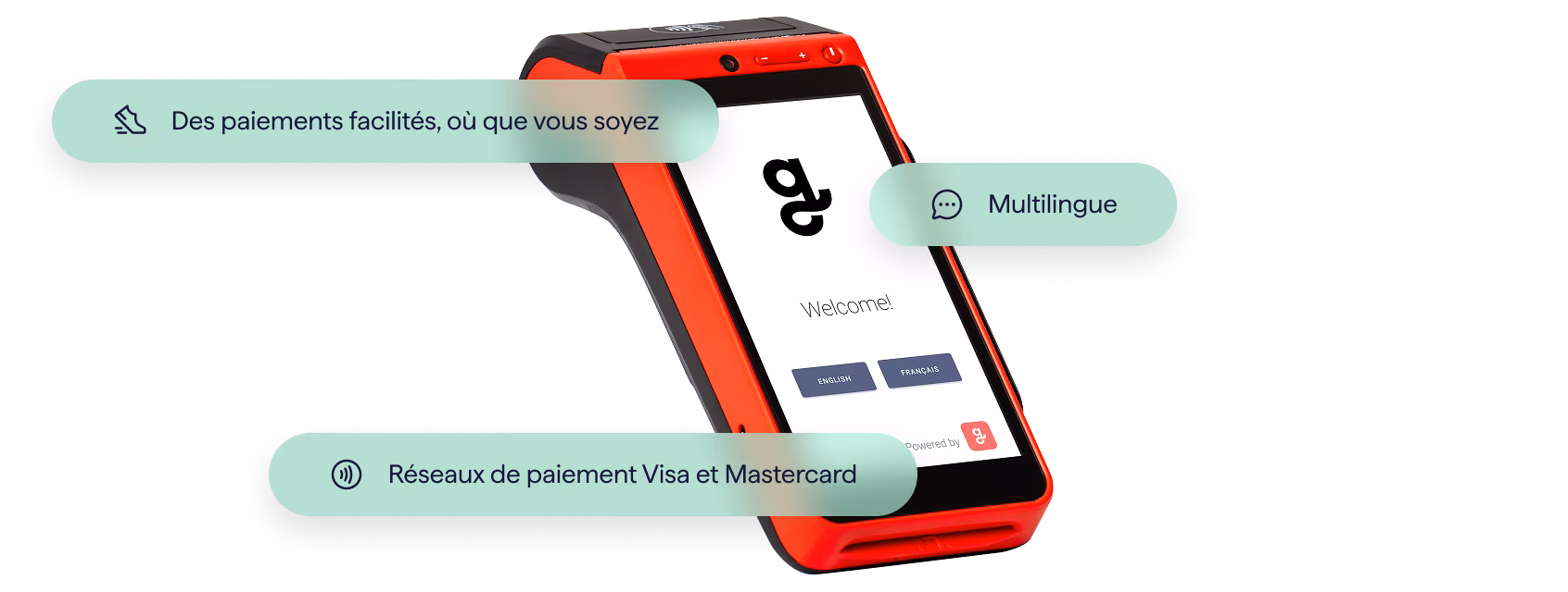 A portable red payment terminal from Giftify displaying a welcome screen with language options. Callouts highlight its features: "Portable for payments on the go," "Support for multiple languages," and "Visa and Mastercard payment rails."