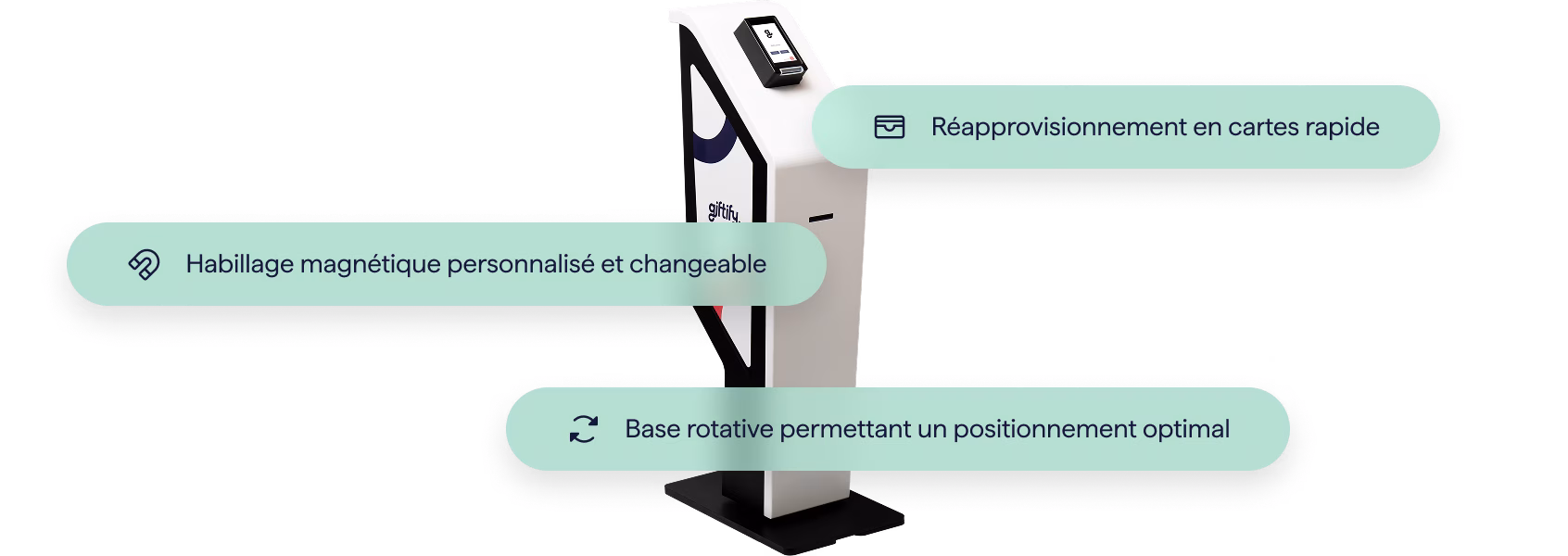 A tall, white Giftify kiosk with a colorful, brandable side panel. Callouts highlight its features: "Quick and easy card reloading," "Brandable side magnets, easy to change," and a "Rotating base for convenient positioning."