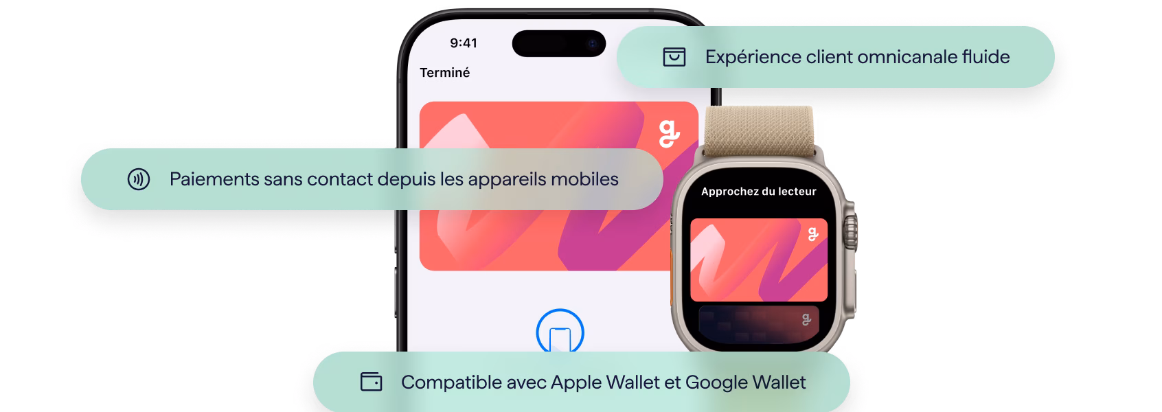 A smartphone and a smartwatch displaying a Giftify digital gift card, highlighting its use for seamless payments. Callouts emphasize key features: "Seamless omni-channel CX," "Contactless payments from mobile devices," and "Support for Apple Wallet and Google Wallet."