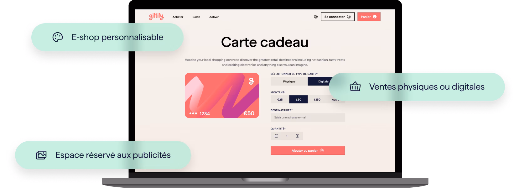A Giftify website page for buying a gift card, displayed on a laptop. Callouts highlight features of the online storefront, including "Customisable online store," "Physical or digital sales," and "Space for display ads."