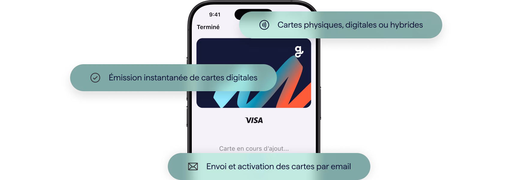 A smartphone displaying the Giftify app, with a digital card showing a red and blue design. Callouts highlight key features of the digital provisioning process: "Physical, digital or hybrid cards," "Instant issuance of digital cards," and "Card delivery and activation by email."