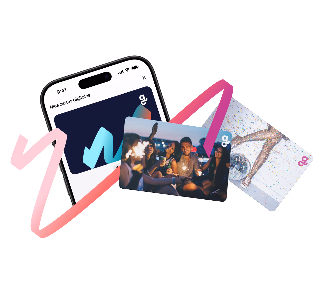 A composition showing three types of Giftify digital cards: a card from the mobile app, a physical card with a party photo, and another physical card with a disco ball and glitter theme.