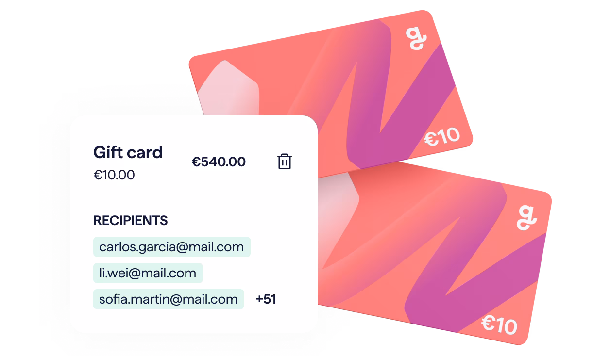 Two pink and purple €10 gift cards displayed, alongside a digital interface showing a gift card purchase of €540.00 with recipients' email addresses and a delete icon.